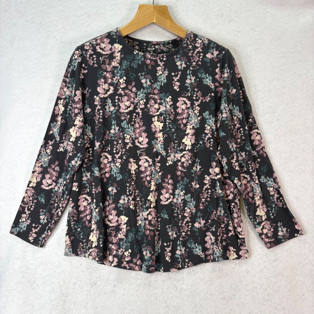 Pure Jill Floral Pima Cotton Black Long Sleeve Tee Women XL Petite Cottagecore